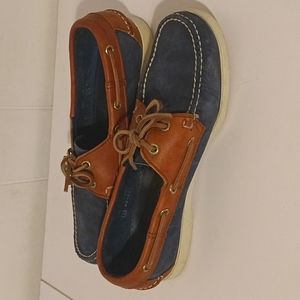 Sebago Docksiders men's leather boat shoes dark blue and brown size 10